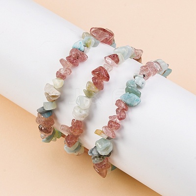 Natural Amazonite & Strawberry Quartz Chip Stretch Bracelets X-BJEW-JB04490-04-1