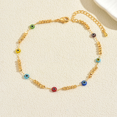 Bohemian Brass Round Beaded & Resin Link Chain Anklets for Summer Vacation BD6546-2-1