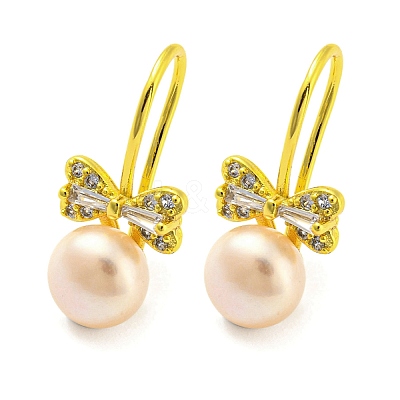 Cubic Zirconia Bowknot Dangle Earrings with Natural Pearl EJEW-Z020-01G-1
