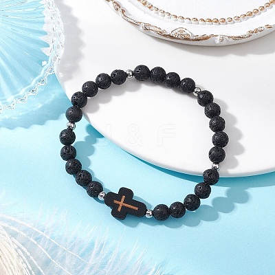 Cross Natural Lava Rock Beads & Wood Round Beads Stretch Bracelets for Men Women BJEW-JB11832-01-1
