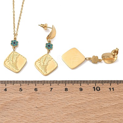 Rhombus 304 Stainless Steel Enamel Flower Pendant Necklaces & Stud Earrings Sets SA-CBA2C2A-02G-1