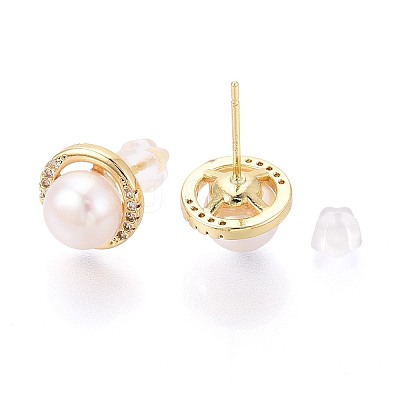 Half Round Brass Micro Pave Clear Cubic Zirconia Stud Earrings PEAR-N017-07I-1