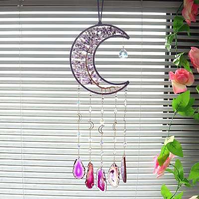 Copper Wire Wrapped Natural Amethyst Chips Moon Suncatcher HJEW-H065-10C-1