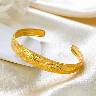 12MM 304 Stainless Steel Lotus Flower Cuff Bangles for Women BJEW-P359-01G-1