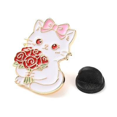 Cat Shape Holding Red Rose Flower Bouquet Enamel Pins AL-CBAC438-01D-1