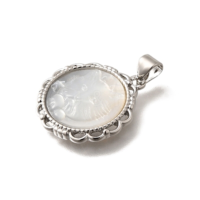 Brass Pave Natural White Shell Carved Cat Pendants KK-Z091-08P-03-1