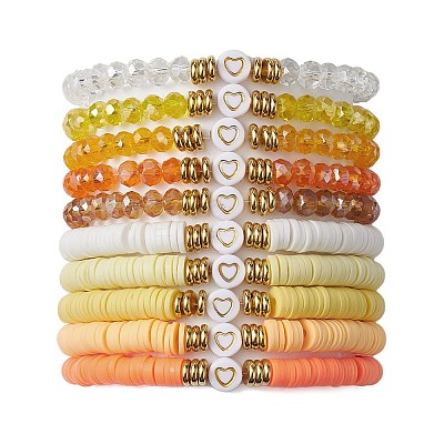 10Pcs Polymer Clay Disc & Glass & Brass Beaded Stretch Bracelets Set BJEW-JB09676-03-1