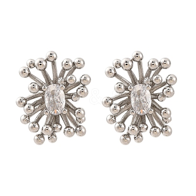 Flower Brass Clear Cubic Zirconia Stud Earrings EJEW-R025-22P-1