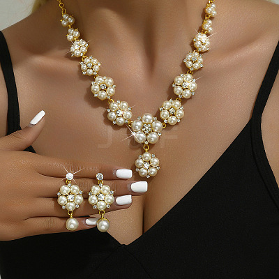 Flower Alloy Crystal Rhinestone & Plastic Pearl Link Chain Necklaces & Stud Dangle Earrings Sets FS-WGC22CC-01-1