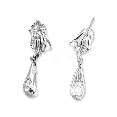 Brass Pave Clear Cubic Zirconia Hand with Teardrop Dangle Stud Earring Findings KK-N232-477P-A-1