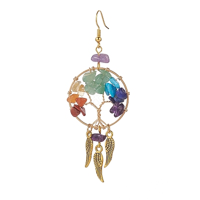Gemstone Chips Beaded Tree of Life Chandelier Earrings EJEW-JE05152-1