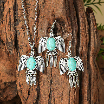 Bohemian Style Zinc Alloy & Synthetic Turquoise Pendant Necklaces & Dangle Earrings Sets WG40DB6-04-1