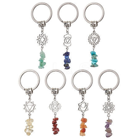 Natural Red Jasper Red Aventurine Citrine Green Aventurine Lapis Lazuli Amethyst & Synthetic Turquoise Keychain with Alloy Finding and 304 Stainless Steel Split Key Ring KEYC-JKC00957-1