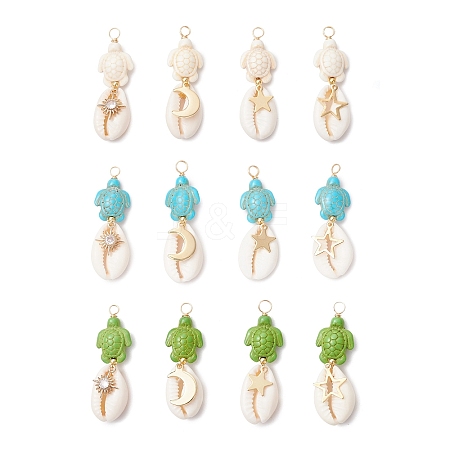 12Pcs 12 Styles Natural Cowrie Shell & Dyed Synthetic Turquoise Turtle Copper Wire Wrapped Pendants PALLOY-JF04035-1