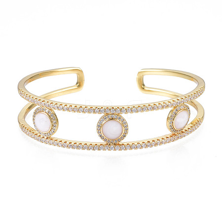 Enamel Flat Round Open Cuff Bangle with Clear Cubic Zirconia BJEW-N012-026-1