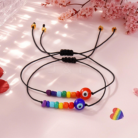 2Pcs Pride Month Evil Eye Glass Seed Beaded & Handmade Lampwork Braided Bead Bracelets MO7433-1-1