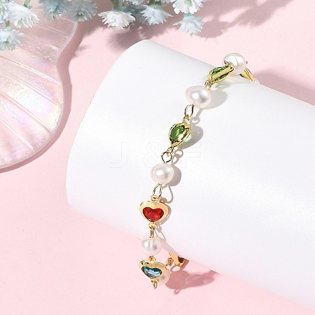Natural Cultured Freshwater Pearl & Brass Glass Link Chains Bracelets for Women BJEW-JB14219-1