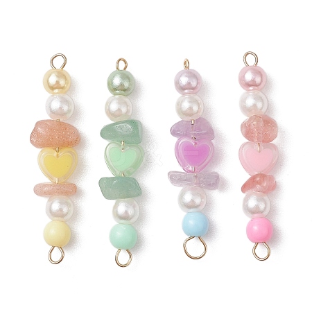 4Pcs 4 Colors Acrylic Pearl & Natural Green Aventurine & Natural Sunstone & Cherry Quartz Glass & Natural Ametrine Gemstone Chip Heart Connector Charms PALLOY-JF03340-01-1