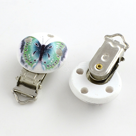 Butterfly Pattern Printed Wooden Baby Pacifier Holder Clip with Iron Clasp WOOD-R241-32-1