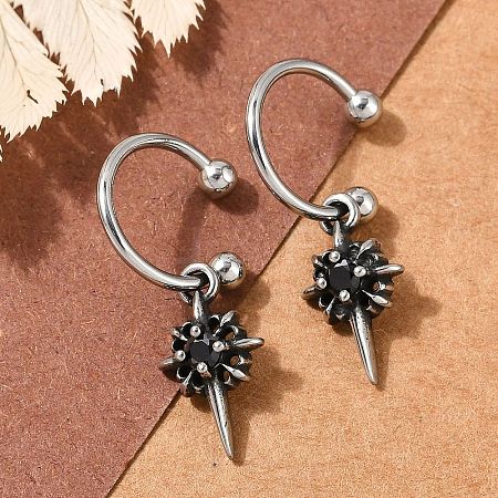 Flower 316 Surgical Stainless Steel & Black Glass Dangle Half Hoop Earrings for Women EJEW-G416-49AS-1