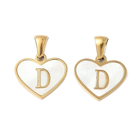 304 Stainless Steel Pave Natural White Shell Heart with Initial Slice Pendants STAS-R168-25G-D-1