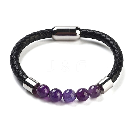 Natural Amethyst Round Bead Braided Leather Cord Bracelets for Men Women BJEW-A009-11P-10-1