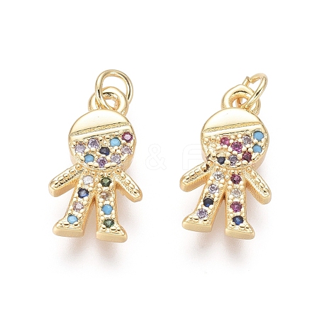  Jewelry Beads Findings Golden Plated Brass Charms, with Cubic Zirconia and Jump Rings, Boy, Colorful, 14.5x8x2mm; Jump Ring: 4x0.6mm; 2.5mm Inner Diameter
