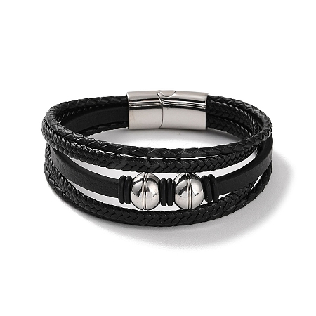 Men's Braided Black PU Leather Cord Multi-Strand Bracelets BJEW-K243-11P-1