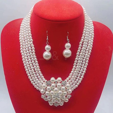 Flower Plastic Pearl Round Beaded Multilayer Necklaces & Dangle Earrings Sets FS-WG7C7AA-01-1