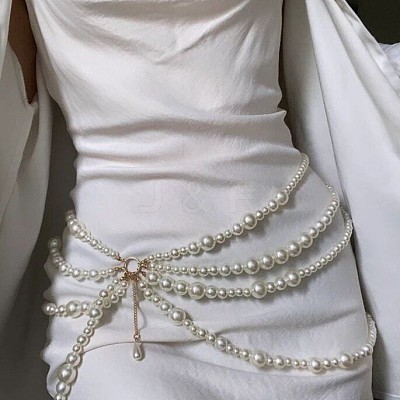 Alloy & Round Plastic Imitation Pearl Multi Layered Tassel Waist Chains for Beach Party WGD927B-01-1