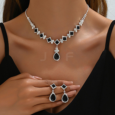 Teardrop & Rhombus Brass Rhinestone Pendant Necklaces & Stud Dangle Earrings Sets FS-WG09414-02-1