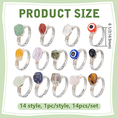 14Pcs 14 Styles 304 Stainless Steel & Gemstone Chip & Evil Eye Resin Finger Rings NJEW-WR00012-1