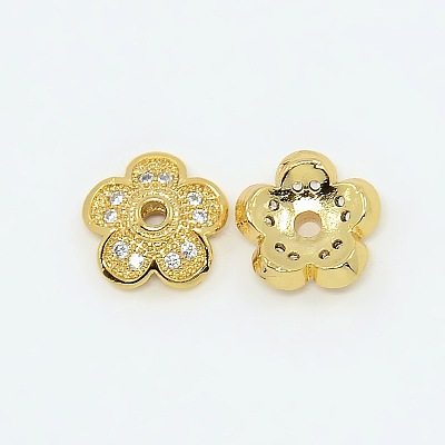 5-Petal Brass Micro Pave Clear Cubic Zirconia Bead Caps X-ZIRC-P001-31G-1