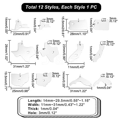 12Pcs 12 Style 201 Stainless Steel Pendants STAS-UN0001-03-1