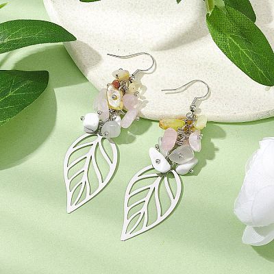 Leaf 201 Stainless Steel Natural Rose Quartz & Natural Howlite & Natural White Moonstone & Natural Yellow Opal Chip Dangle Earrings EJEW-JE06138-01-1