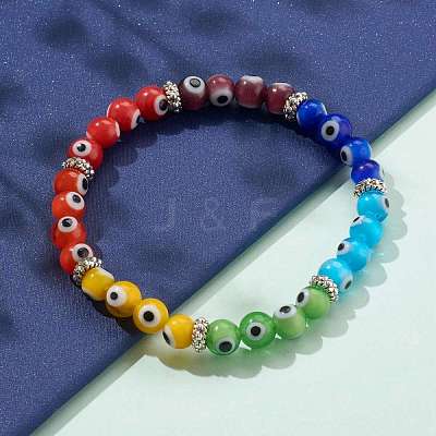 Rainbow Round Evil Eye Lampwork Stretch Beaded Bracelets for Kids BJEW-JB05940-1