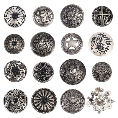 15 Sets 15 Styles Eagle/Star/Flower Pattern Alloy & Imitation Turquoise Craft Solid Screw Rivet FIND-CA0008-73-1