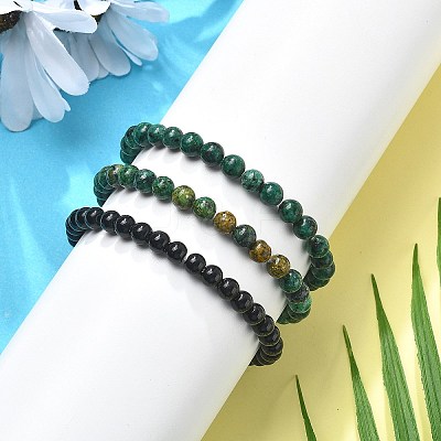 3Pcs 3 Style Natural African Turquoise(Jasper) & Black Agate Round Beaded Stretch Bracelets Set PW23030764297-1