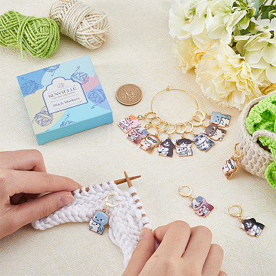 16Pcs 8 Style Cat Shape Alloy Enamel Pendant Locking Stitch Markers HJEW-SC00034-1
