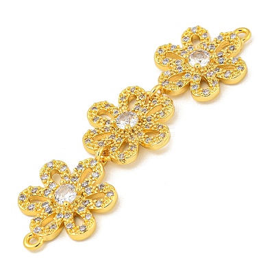 Brass Pave Clear Cubic Zirconia Three Flower Links Connector Charms KK-P277-61G-1