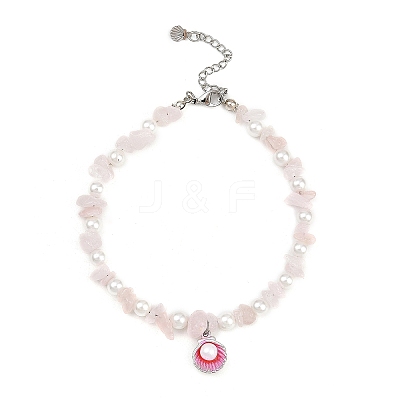 Alloy Enamel Shell Shape Charm White Round Shell Pearl & Natural Rose Quartz Chip Beaded Anklets AJEW-AN00734-01-1