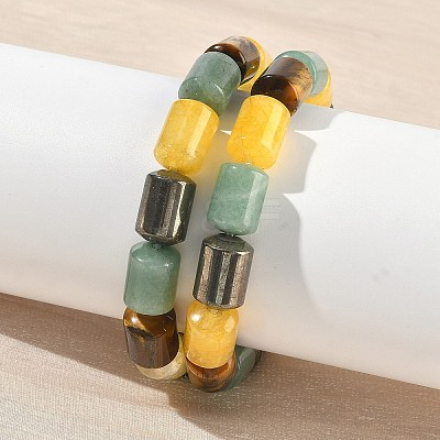 Column Natural Pyrite & Green Aventurine & Tiger Eye & Dyed Orange Quartz Beads Stretch Bracelets for Women Men BJEW-A148-01A-22-1