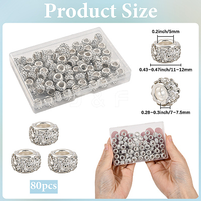 80Pcs Polymer Clay Rhinestone European Large Hole Beads with Silver Color Plated Brass Cores FPDL-LT0001-02E-1