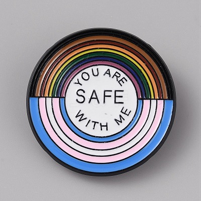 Flat Round & Pride Rainbow with Word You Are Safe with Me Enamel Pins FIND-WH0260-04B-1