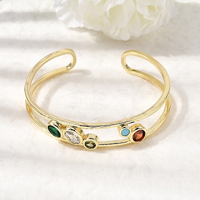 Flat Round Brass Micro Pave Cubic Zirconia Double Layer Cuff Bangles for Women BJEW-K274-16G-1