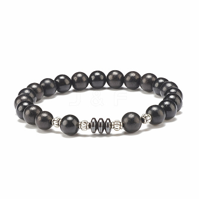 Natural Wood & Synthetic Hematite Beaded Stretch Bracelet for Men Women BJEW-JB07810-1