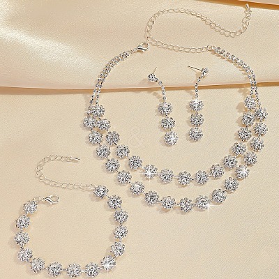 Flower Alloy Rhinestone Chain Double Layer Necklaces & Stud Dangle Earrings & Bracelets Sets FS-WG0F210-01-1
