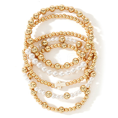 Imitation Pearl & Acrylic Round Beaded Stretch Bracelet Sets KE7812-1