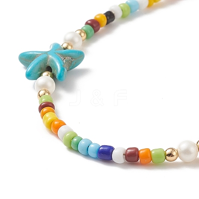Colorful Synthetic Turquoise Starfish & Shell Pearl & Glass Seed Beaded Necklace for Women NJEW-TA00044-1