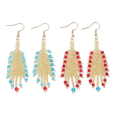 2 Pairs Glass Seed Feather Dangle Earrings EJEW-MZ00569-1